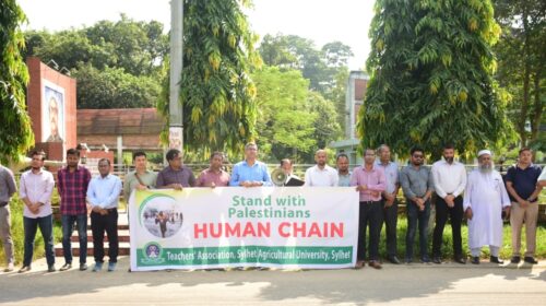 ফিলিস্তিনে হামলার প্রতিবাদে সিকৃবিতে মানববন্ধন