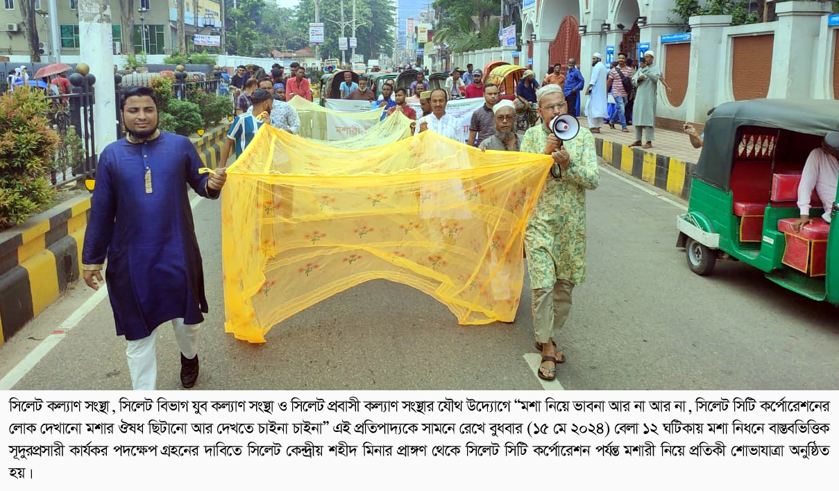 মশা নিধনে পদক্ষেপ গ্রহনের দাবীতে সিলেটে মশারী নিয়ে প্রতিকী শোভাযাত্রা